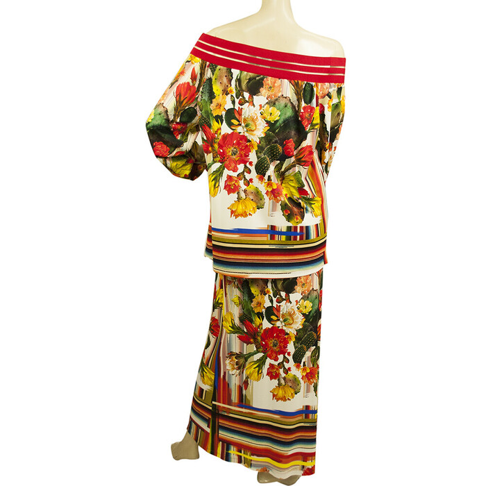 Fuzzi Multicolor Cactus Flowers Off Shoulder Top Long Maxi Skirt Set size S