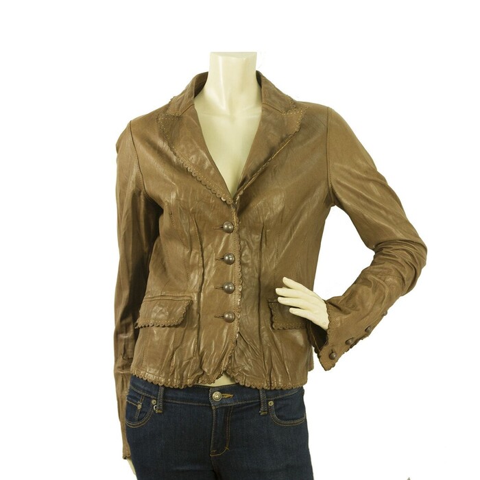 .It Ochre Brown Genuine Real Leather Scalloped Bronze Buttons Jacket Size 44