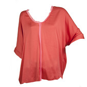 Elie Tahari Silk Coral Color & Pink Trim Dolma Short Sleeves Blouse Top Size L