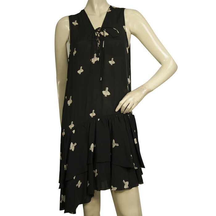 Zadig & Voltaire Rory Print Croix Black Asymmetric Length Ruffled dress size XS