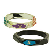 CHANEL CC Logo Bangle Bracelet In Black Resin with teal background Geometric cuff