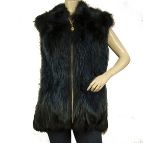 Skrivanou Blue Fur Gold tone Zipper Front Vest Sleeveless Jacket Gillet