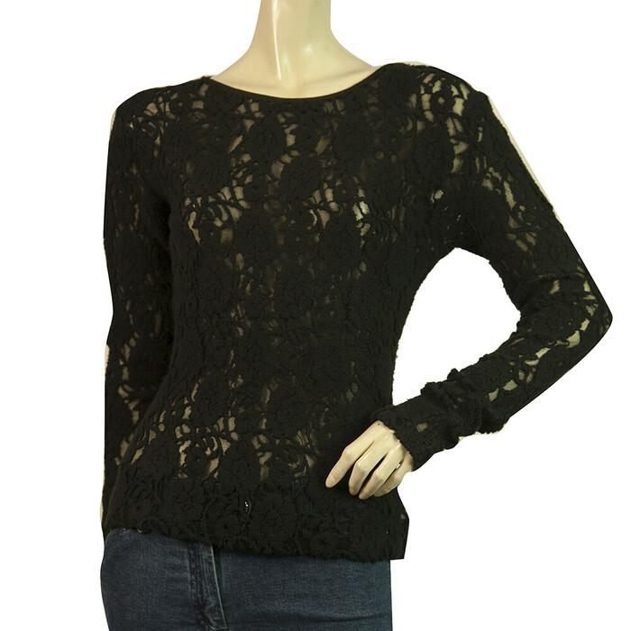 Amber Sakai Black Floral Lace Long Sleeves Top Blouse size 6