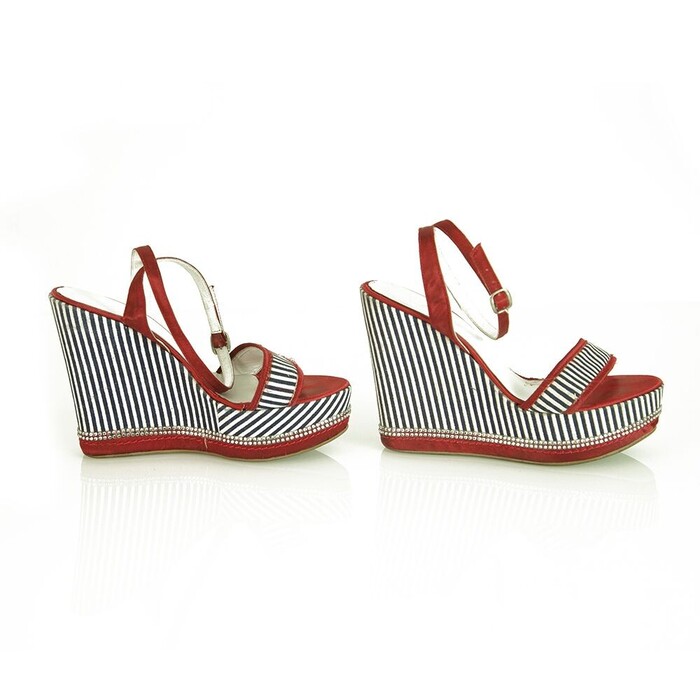 Solo Per Te Blue White Stripes Red Crystals Wedge Platform Sandals shoes ( 39 ?)