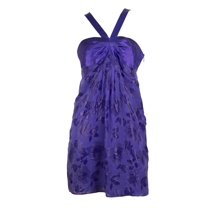 Tibi Silk Floral Daisies Jacquard Purple Y Neck Sleeveless Mini Dress -SZ 4