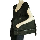 Ange Black Cotton Weave Boho Hippie Oversize Shoulder Bag with Fringes Handbag