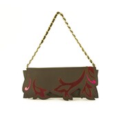 Iceberg Brown Fuchsia Leather Leaves Flap top Clutch Evening Hand Bag w. Chain