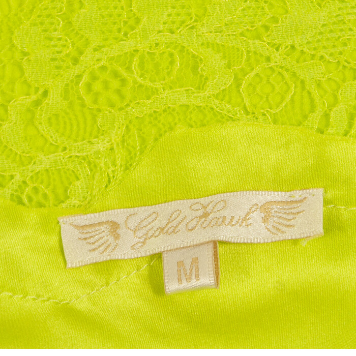 Gold Hawk Yellow Lime Lace Trim Mini Sleeveless Spaghetti 100% Silk Dress size M