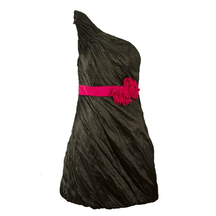 Unique Boutique Black Fuchsia Belt One Shoulder Draped Mini Dress size 2