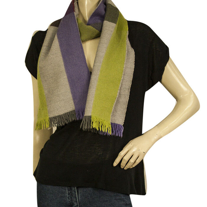 Johnstons Purple Gray Green 100% Merino Fringes Long Wool Scarf Wrap Cache Col