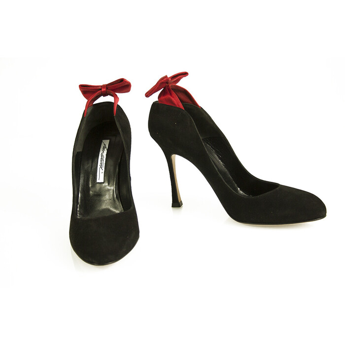 Brian Atwood Black Suede Red Satin Bow Classic Pumps Heels Shoes - Size 40