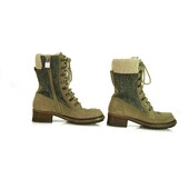 CHANEL Women's Khaki Suede & Grey wool Lambskin Ankle Lace up Boots Booties 38,5