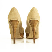 Brian Atwood Beige Suede Open Toe Pumps Slim High Wooden Heels Shoes sz 37