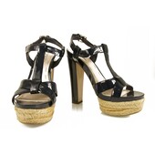 Miu Miu Dark Blue Patent Leather Jute Platform High Heel Strappy Sandals 36,5