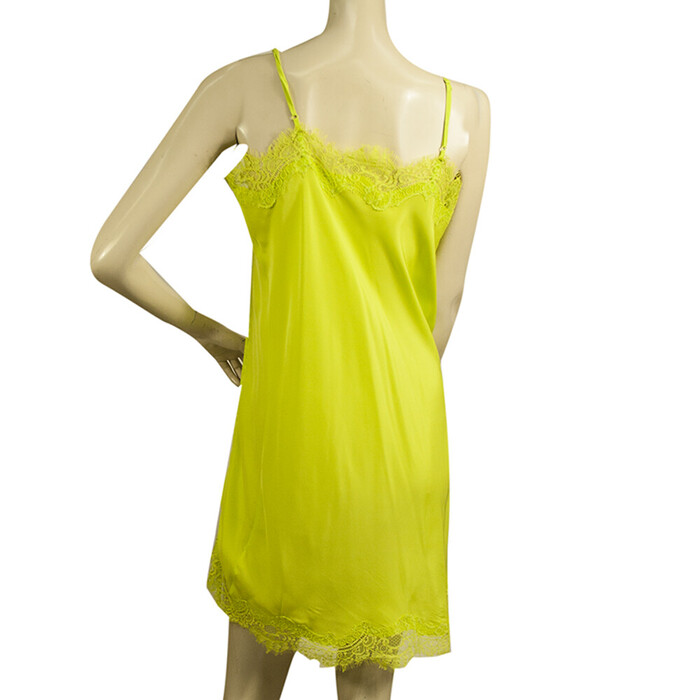 Gold Hawk Yellow Lime Lace Trim Mini Sleeveless Spaghetti 100% Silk Dress size M