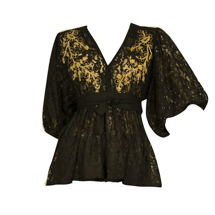 Miss June Black Lace Gold Floral Embroidery Puff Sleeves Tunic Blouse Top