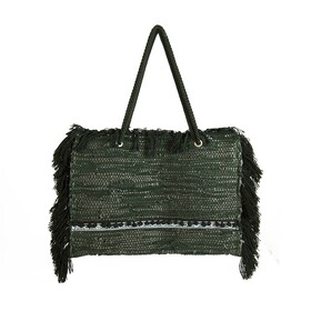 Ange Black Cotton Weave Boho Hippie Oversize Shoulder Bag with Fringes Handbag