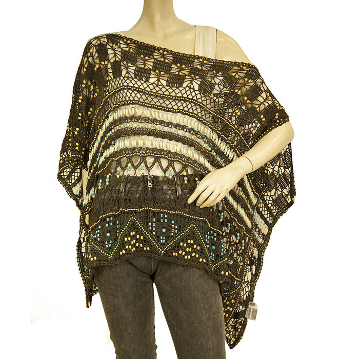 Laurel Brown Cotton Knit Beaded Poncho Cape Cover Up Cardigan size 40