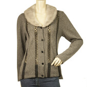 Caloma Gray Wool Knit Black Lace Trim Fur Collar 5 Buttons Cardigan Cardi sz M