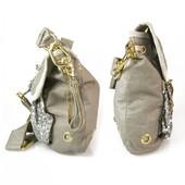 Dukas Gray Leather Sequined Canvas Gold Tone HW Shoulder Bag Crossbody Messenger