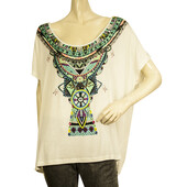 Camilla White Modal Ethnic Beaded Top Boho Oversize T- Shirt size S