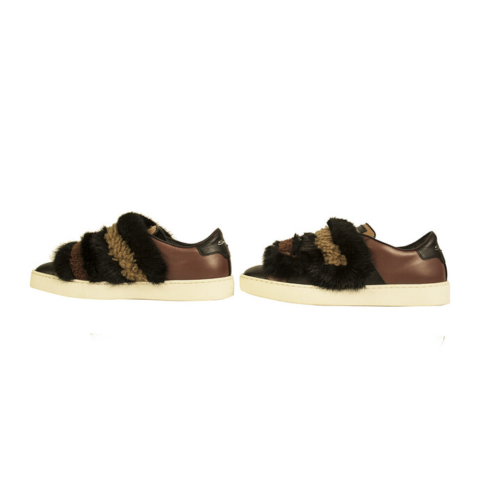 Santoni Black Brown Fur Leather Low Top Sneakers Trainers Shoes size 37