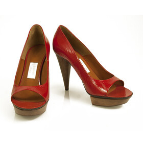 Lanvin Red Patent Leather Wooden Heel Platform Peep Toe Pumps Shoes Size 40