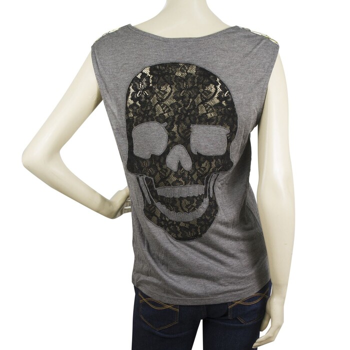 Philipp Plein gray cotton embellished top with large balck lace skull Sz M