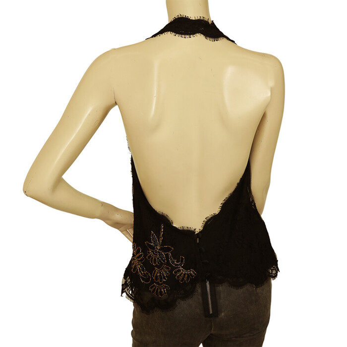 Temperley Black Lace Floral Beaded Halter Neck Open Back Sleeveless Top sz UK 10