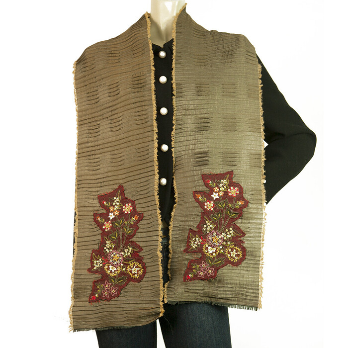 Embroidered Flowers Sequins Taupe Ruched Long Scarf Wrap Cache Col