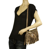 Genuine Bronze Metallic Leather Boho Hippie Shoulder Bag with Fringes Handbag