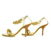 Roberto Cavalli gold & tan leather chain sandals slides ankle strap sz 37