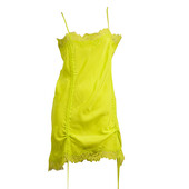 Gold Hawk Yellow Lime Lace Trim Mini Sleeveless Spaghetti 100% Silk Dress size M