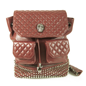 Philipp Plein Burgundy Diamond Quilted Leather Spike Studded Skull Backpack