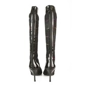 Gina Tweed Fabric Black Patent Leather Boots Slim heels Shoes Back Zipper sz 6