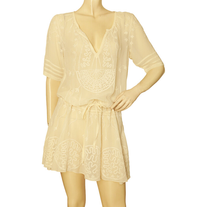 Temperley London Ivory Silk Embroidered Sheer Short Sleeve Mini Dress size UK 10