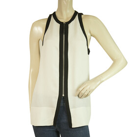 Helmut Lang Ivory &amp; Black Long Silk Blouse Sleeveless Top Front Zip Size S/P