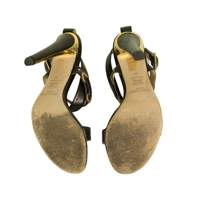 Jimmy Choo Black Leather Gold Grommets Strappy Sandals Heels shoes size 40