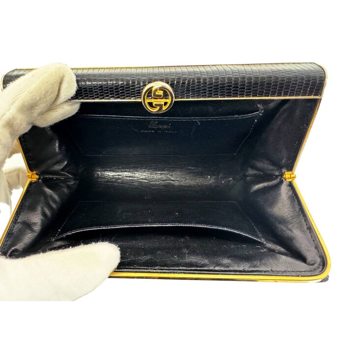 Gucci Vintage Black Lizard Leather Box Case Framed Clutch with goldtone hardware