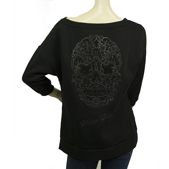 Philipp Plein Black Sheer Lace Front Rhinestones Skull logo Top Blouse Size S