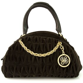 Juicy Couture Brown pleated Velvet Black Leather Bag Handbag Bowler charm