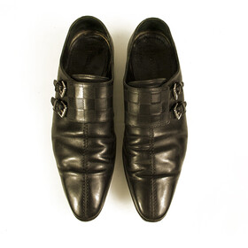 Louis Vuitton LV Men&#039;s Damier Black Leather Double Buckle Monk Shoes size 7.5