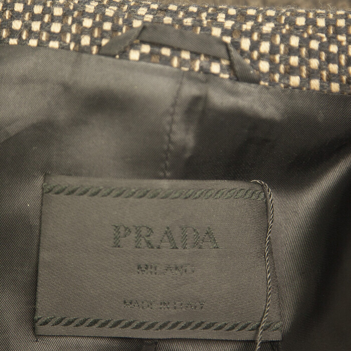 Prada Brown, Beige & Black Tweed Virgin Wool below the knee Coat with bow sz 42