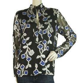 Dodo Bar Or Black Blue Silver Sheer Floral Long Sleeves Tunic Blouse Top Size 42