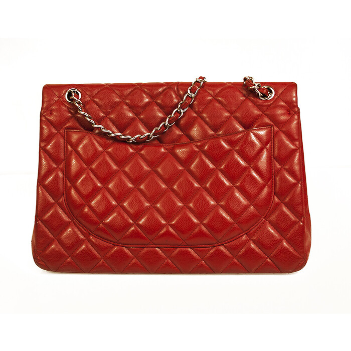 CHANEL Red Caviar Leather Classic Double Flap Maxi Bag Silver hardware