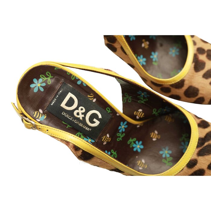 Dolce & Gabbana D&G Leopard Calf Hair Yellow Trim Heels Slingback Mules Shoes 38