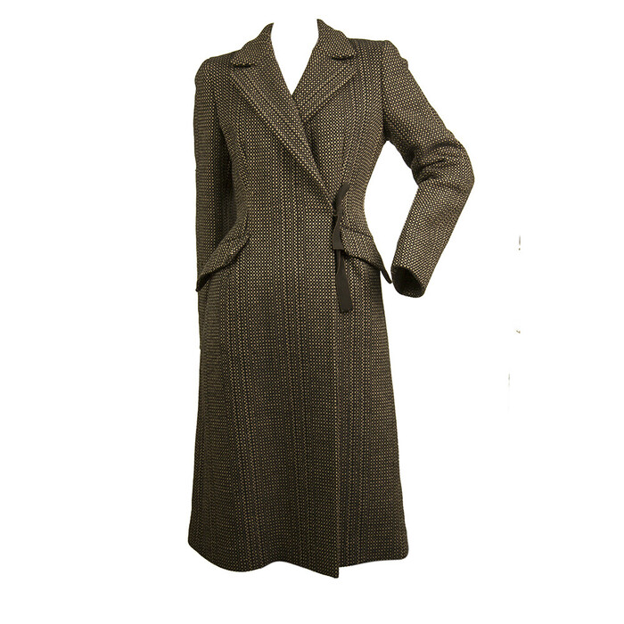 Prada Brown, Beige & Black Tweed Virgin Wool below the knee Coat with bow sz 42