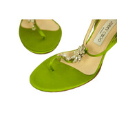 Jimmy Choo Green Crystal Flower Thong Sandals Slim Heel Strappy Shoes 39.5