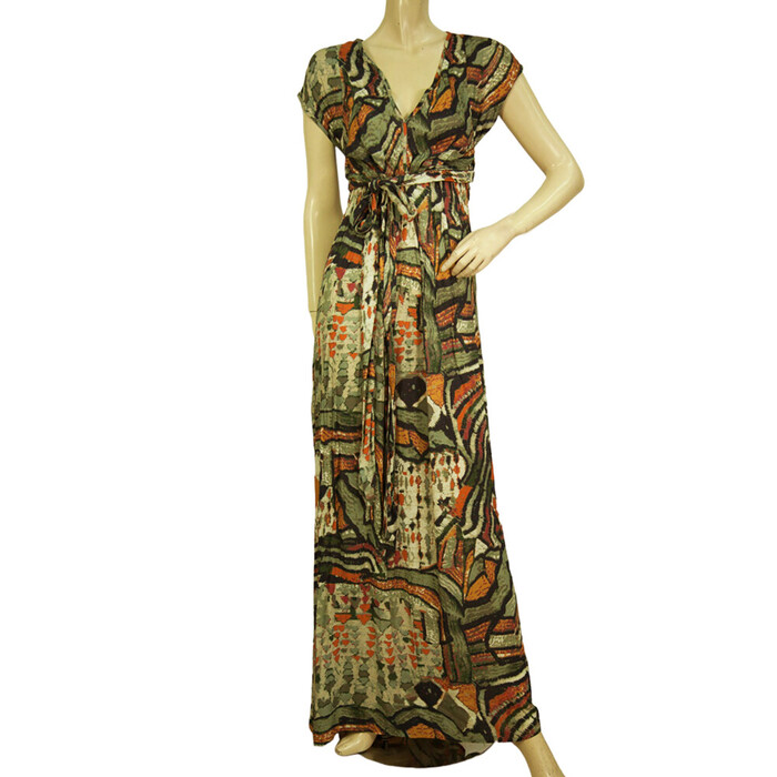 Devotion Multicolor Tribal Short Sleeve Maxi Belted Long Summer Dress size S