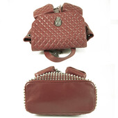 Philipp Plein Burgundy Diamond Quilted Leather Spike Studded Skull Backpack